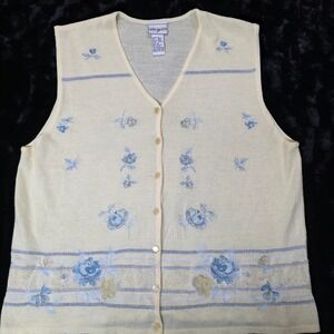 Napa Valley XL Sweater Vest Cardigan, Yellow Floral Embroidered, Spring, EUC